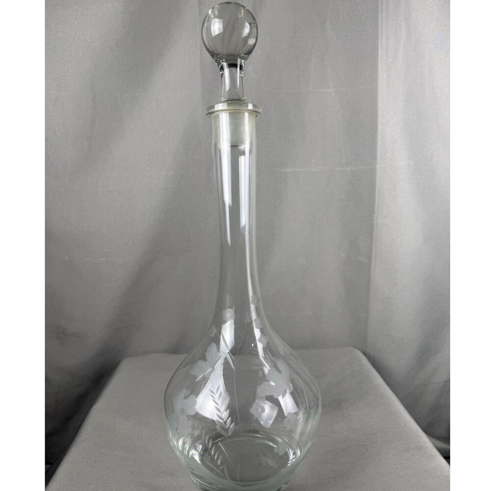 Vintage Romanian Crystal Glass Decanter Frosted Etched Floral With Glass Topper